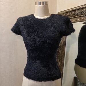 Kenzie Black Fuzzy Short Sleeve  Sweater.  Sz Small.  NWOT.